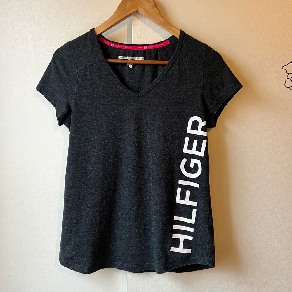 Tommy Hilfiger Charcoal V-Neck Tee with Bold Logo Sport